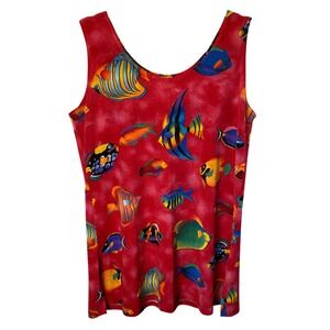 Vintage Jostar Tank Top Women Large Tropical Fish Print Stretch Beach Vacation